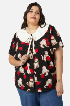 Women Dangerfield Curve Tops & Blouses*Curve Kitty Kisses Collar Blouse